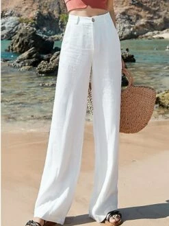 Women's Bootcut Wide Leg Linen Pants Full Length Cotton Pocket Baggy Mid Waist Coastal grandma style Basic Casual Black White S M Summer Spring &Fall