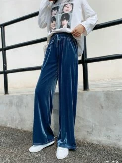 Women's Wide Leg Pants Trousers Baggy Full Length Pocket Baggy Micro-elastic High Waist Fashion Streetwear Party Street Peacock Blue Black S M Fall & Winter -LIGHTINTHEBOX Shop jzikcx1692602734545