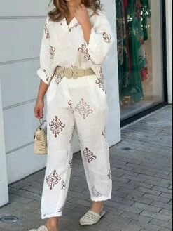 Women's Shirt Pants Sets White Graphic Print Long Sleeve Work Daily Fashion Shirt Collar Regular Fit Spring &Fall -LIGHTINTHEBOX Shop jzqimt1693307526486