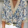 Women's Shirt Blouse Blue Floral Lace Trims Print 3/4 Length Sleeve Casual Holiday Streetwear V Neck Regular Fit Floral