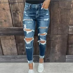 Women's Jeans Distressed Jeans Full Length Denim Side Pockets Cut Out Micro-elastic Fashion Street Casual Blue S M