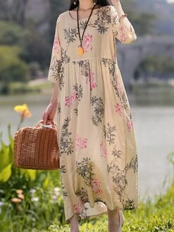 Women's Casual Dress Cotton Linen Dress Swing Dress Midi Dress Linen / Cotton Blend Sweet Style Modern Outdoor Daily Holiday Crew Neck Print 3/4 Length Sleeve Fall Winter Autumn 2023 Loose Fit Yellow -LIGHTINTHEBOX Shop kbazgp1693553160538