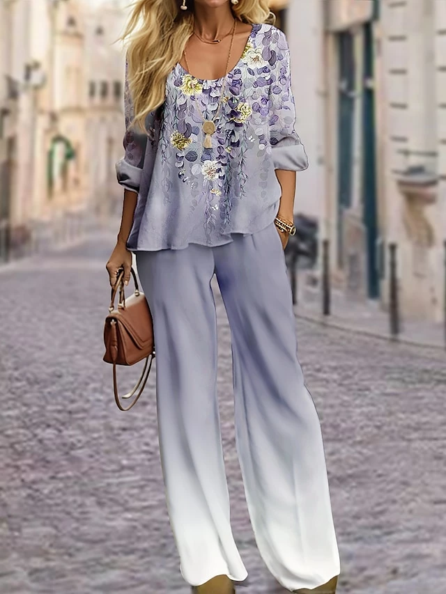 Women's Shirt Pants Sets Pink Purple Green Floral Print Long Sleeve Casual Holiday Fashion Streetwear Daily V Neck Regular Fit Fall & Winter 5 Women's Shirt Pants Sets Pink Purple Green Floral Print Long Sleeve Casual Holiday Fashion Streetwear Daily V Neck Regular Fit Fall & Winter - Image 3