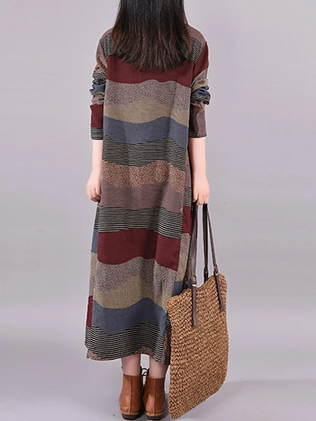 Women's Casual Dress Cotton Linen Dress Loose Dress Midi Dress Cotton Basic Classic Outdoor Daily Vacation Crew Neck Print Long Sleeve Spring Fall Winter 2023 Loose Fit Wine Brown Striped M L XL 2XL 6 Women's Casual Dress Cotton Linen Dress Loose Dress Midi Dress Cotton Basic Classic Outdoor Daily Vacation Crew Neck Print Long Sleeve Spring Fall Winter 2023 Loose Fit Wine Brown Striped M L XL 2XL - Image 4