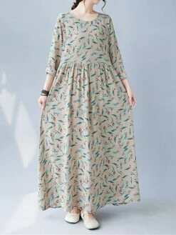 Women's Casual Dress Linen Dress Swing Dress Maxi Long Dress Linen Fashion Modern Outdoor Daily Holiday Crew Neck Print Long Sleeve Fall Winter Autumn 2023 Loose Fit Apricot Flower L XL 2XL -LIGHTINTHEBOX Shop kcvjbz1693553162529