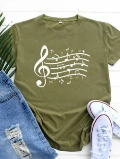 Women's T Shirt Tee 100% Cotton Black White Light Green Music Print Short Sleeve Daily Weekend Basic Round Neck Regular Fit -LIGHTINTHEBOX Shop kdoazy1646893739273