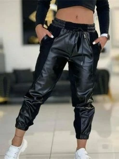 Women's Joggers Pants Trousers Full Length Faux Leather Pocket Micro-elastic Low Waist Fashion Streetwear Street Daily Black S M Fall Winter