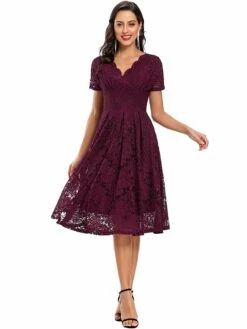 Women's Party Dress Lace Dress Homecoming Dress Midi Dress Black Pink Wine Short Sleeve Pure Color Lace Summer Spring Fall V Neck Fashion Evening Party Wedding Guest Fall Dress 2023 S M L XL -LIGHTINTHEBOX Shop kdwxwn1678263193161