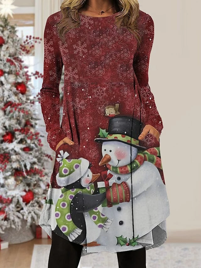 Women's Christmas Work Dress Casual Dress Fashion Winter DressDaily Midi Dress Pocket Print Crew Neck Long Sleeve SnowmanTree Regular Fit Wine Red Navy Blue Fall Winter S M L XL XXL 4 Women's Christmas Work Dress Casual Dress Fashion Winter DressDaily Midi Dress Pocket Print Crew Neck Long Sleeve SnowmanTree Regular Fit Wine Red Navy Blue Fall Winter S M L XL XXL - Image 2