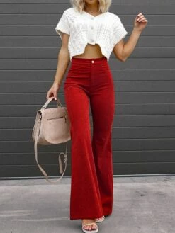 Women's Bell Bottom Pants Maillard Trousers Full Length Corduroy Pocket Micro-elastic High Waist Fashion Streetwear Party Street Wine Grey S M Fall Winter -LIGHTINTHEBOX Shop kexwtr1692602735674
