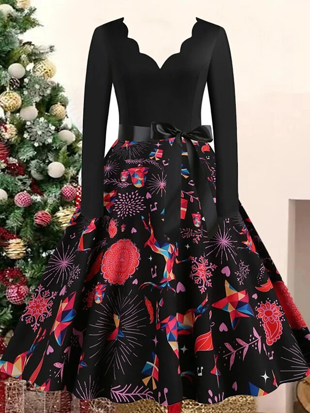 Women's Christmas Casual Dress Swing Dress Vintage Dress Midi Dress Black Wine Orange Long Sleeve Animal Bow Winter Fall Autumn V Neck 2022 S M L XL XXL 3XL 10 Women's Christmas Casual Dress Swing Dress Vintage Dress Midi Dress Black Wine Orange Long Sleeve Animal Bow Winter Fall Autumn V Neck 2022 S M L XL XXL 3XL - Image 8