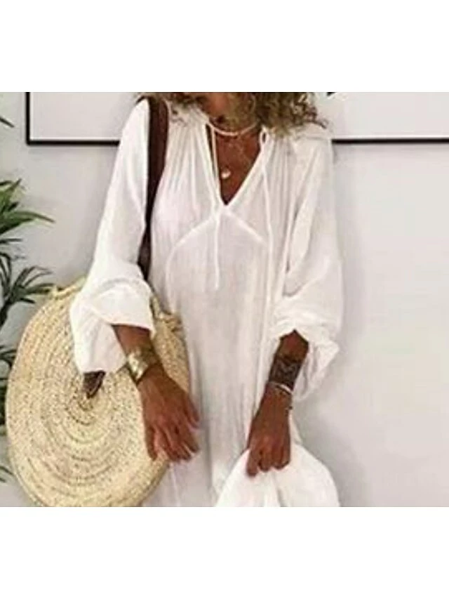 Women's Casual Dress Swing Dress Long Dress Maxi Dress White Long Sleeve Pure Color Patchwork Winter Fall Autumn V Neck Winter Dress Weekend Fall Dress 2023 S M L XL 2XL 3XL 4 Women's Casual Dress Swing Dress Long Dress Maxi Dress White Long Sleeve Pure Color Patchwork Winter Fall Autumn V Neck Winter Dress Weekend Fall Dress 2023 S M L XL 2XL 3XL - Image 2