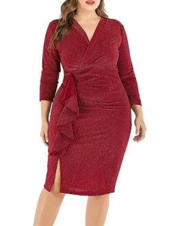 Women‘s Plus Size Curve Work Dress Sheath Dress Semi Formal Dress Fashion Midi Dress Ruffle V Neck Long Sleeve Plain Regular Fit Black Wine Fall Winter XL XXL 3XL 4XL 5XL -LIGHTINTHEBOX Shop kftovx1691401476403
