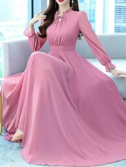 Women's Long Dress Maxi Dress Casual Dress Chiffon Dress Black Dress Plain Streetwear Casual Outdoor Daily Holiday Lace Up Ruched Long Sleeve Crew Neck Dress Regular Fit Black Pink Red Summer Spring -LIGHTINTHEBOX Shop kfvefu1678270474179