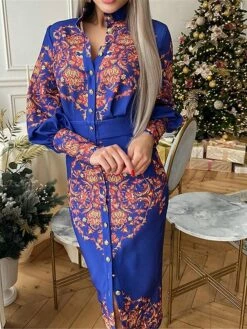 Women's Shirt Dress Casual Dress Bodycon Midi Dress Outdoor Office Daily Polyester Fashion Romantic Stand Collar Button Print Long Sleeve Summer Spring Fall 2023 Slim Blue Khaki Floral S M L XL 2XL -LIGHTINTHEBOX Shop kgbjek1689227622416