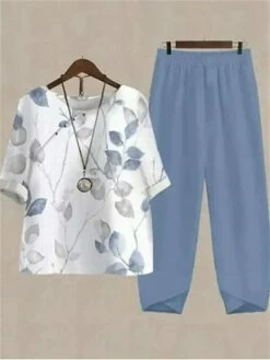 Women's Shirt Pants Sets White Blue Green Floral Print Short Sleeve Holiday Weekend Daily Basic Round Neck Regular Fit Fall & Winter
