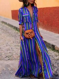Women's Shirt Dress Casual Dress Swing Dress Maxi Long Dress Outdoor Daily Vacation Polyester Basic Casual Shirt Collar Pocket Split Half Sleeve Summer Spring 2023 Loose Fit Red Blue Purple Striped S -LIGHTINTHEBOX Shop kgzhpg1673848922534