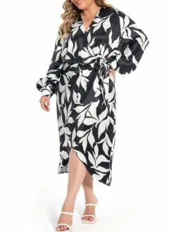 Women's Plus Size Curve Work Dress Satin Dress Wrap Dress Floral Midi Dress Long Sleeve Split V Neck Fashion Office Black Fall Winter L XL XXL 3XL 4XL -LIGHTINTHEBOX Shop khaauf1694772970824
