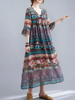 Women's Casual Dress Cotton Linen Dress Swing Dress Midi Dress Linen / Cotton Blend Fashion Classic Outdoor Daily Holiday V Neck Ruched Ruffle 3/4 Length Sleeve Fall Winter Autumn 2023 Loose Fit Blue -LIGHTINTHEBOX Shop khfkcy1693553163661