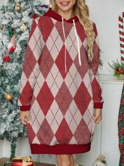 Women's Casual Dress Hoodie Dress Mini Dress Warm Fashion Outdoor Christmas Holiday Hoodie Print Geometric Loose Fit Red S M L XL XXL