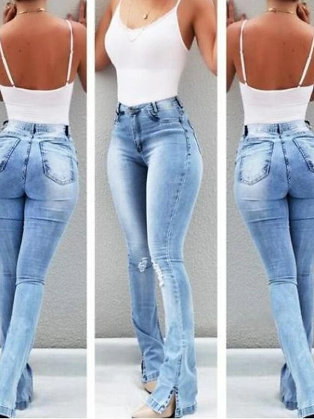 Women‘s Flare Jeans Pants Trousers Full Length Denim Split High Elasticity High Waist Fashion Casual Office Vacation Light Blue Bule S M Autumn / Fall 8 Women‘s Flare Jeans Pants Trousers Full Length Denim Split High Elasticity High Waist Fashion Casual Office Vacation Light Blue Bule S M Autumn / Fall - Image 6
