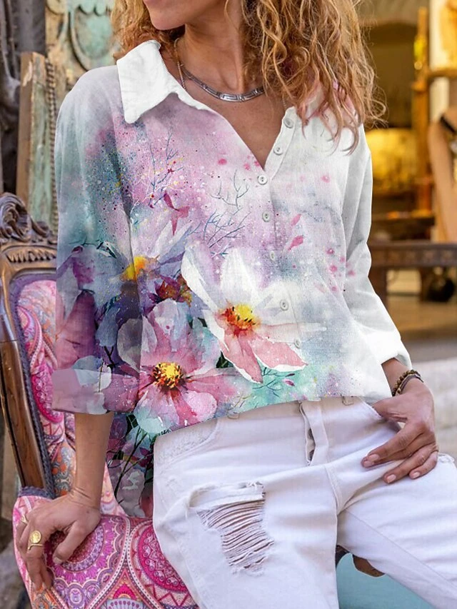 Women's Shirt Blouse Pink Floral Button Print Long Sleeve Casual Holiday Fashion Shirt Collar Regular Fit Floral Spring &Fall 3 Women's Shirt Blouse Pink Floral Button Print Long Sleeve Casual Holiday Fashion Shirt Collar Regular Fit Floral Spring &Fall