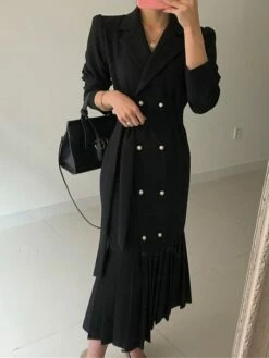 Women's Work Dress Blazer Dress Semi Formal Dress Fashion Office Daily Workfashion Midi Dress Lace Up Pleated Shirt Collar Long Sleeve Plain Loose Fit Black Apricot Fall Winter S M L XL XXL -LIGHTINTHEBOX Shop kjinuv1695805465878