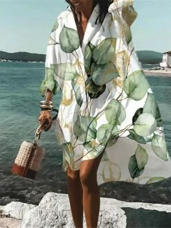 Women's Shirt Dress Casual Dress Swing Dress Mini Dress Outdoor Daily Vacation Polyester Fashion Casual Shirt Collar Button Print Long Sleeve Summer Spring Fall 2023 Loose Fit Green Leaf S M L XL 2XL