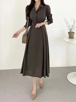 Women's Work Dress Semi Formal Dress A Line Dress Fashion Office Daily Workfashion Midi Dress Ruched Button Shirt Collar Long Sleeve Plain Loose Fit Black Brown Apricot Fall Winter S M L XL -LIGHTINTHEBOX Shop kktcgk1695805445951