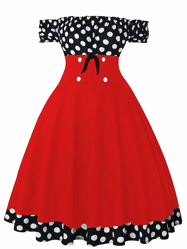 Women‘s Christmas Swing Dress Vintage Dress Midi Dress Black Red Short Sleeve Polka Dot Ruched Fall Spring Summer Off Shoulder Vintage Style Vacation Weekend 2022 S M L XL XXL 7 Women‘s Christmas Swing Dress Vintage Dress Midi Dress Black Red Short Sleeve Polka Dot Ruched Fall Spring Summer Off Shoulder Vintage Style Vacation Weekend 2022 S M L XL XXL - Image 5