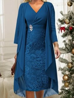 Women's Two Piece Dress Set Casual Dress Lace Dress Outdoor Daily Fashion Elegant Lace Patchwork Midi Dress V Neck Long Sleeve Plain Regular Fit Wine Blue Sky Blue Fall Winter S M L XL XXL -LIGHTINTHEBOX Shop klqjjr1696996490555