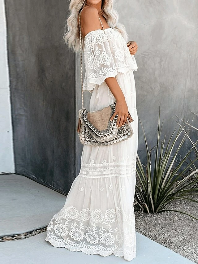 Women's Long Dress Maxi Dress Party Dress Lace Dress Swing Dress Floral Fashion Elegant Dress Daily Vacation Going Out Lace Mesh Half Sleeve Off Shoulder Dress Slim White Summer Spring S M L XL 5 Women's Long Dress Maxi Dress Party Dress Lace Dress Swing Dress Floral Fashion Elegant Dress Daily Vacation Going Out Lace Mesh Half Sleeve Off Shoulder Dress Slim White Summer Spring S M L XL - Image 3