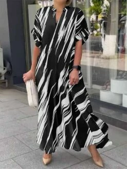 Women's Long Dress Maxi Dress Casual Dress Summer Dress Print Dress Graphic Leaf Striped Fashion Streetwear Outdoor Daily Vacation Split Print Short Sleeve V Neck Dress Loose Fit Black White Red -LIGHTINTHEBOX Shop kmgveg1681107705513