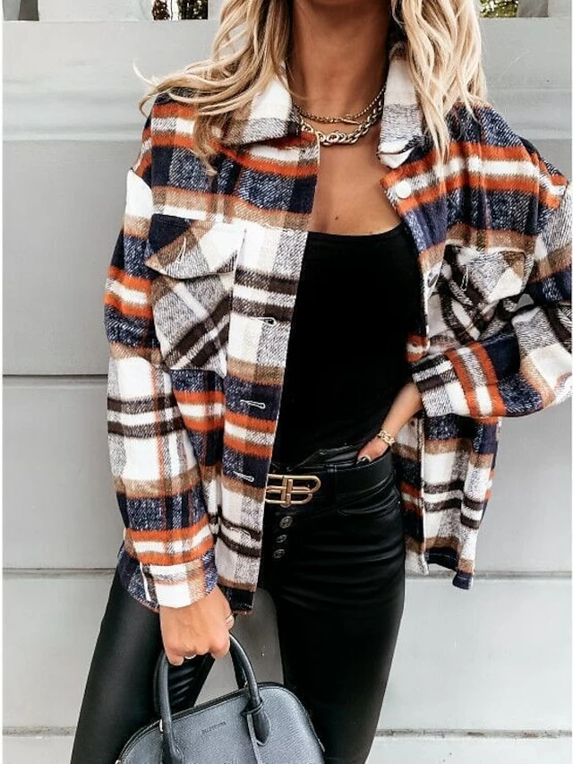 Women's Blouse Shacket Pink Red Blue Plaid Button Pocket Print Long Sleeve Casual Fashion Shirt Collar Regular Fit Spring &Fall 4 Women's Blouse Shacket Pink Red Blue Plaid Button Pocket Print Long Sleeve Casual Fashion Shirt Collar Regular Fit Spring &Fall - Image 2