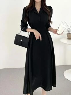 Women's Work Dress Semi Formal Dress A Line Dress Fashion Office Daily Workfashion Midi Dress Ruched Button Shirt Collar Long Sleeve Plain Loose Fit Black Brown Apricot Fall Winter S M L XL -LIGHTINTHEBOX Shop koipwf1695805449326
