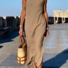 Women's Casual Dress Cotton Linen Dress Shift Dress Midi Dress Linen / Cotton Blend Fashion Basic Outdoor Daily Vacation One Shoulder Split Sleeveless Summer Spring Fall 2023 Loose Fit Khaki Plain S