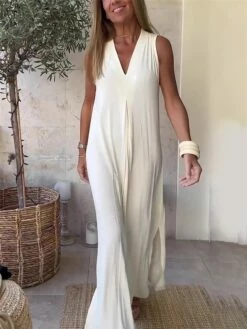 Women's Long Dress Maxi Dress Casual Dress White Dress Tank Dress Plain Fashion Basic Outdoor Daily Holiday Split Sleeveless V Neck Dress Regular Fit Black White Navy Blue Summer Spring S M L XL XXL