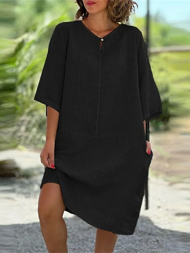 Women's Casual Dress Cotton Linen Dress Midi Dress Linen / Cotton Blend Daily Casual Daily Outdoor Vacation Weekend Crew Neck Button Pocket 3/4 Length Sleeve Summer Spring Fall 2023 Loose Fit Black 8 Women's Casual Dress Cotton Linen Dress Midi Dress Linen / Cotton Blend Daily Casual Daily Outdoor Vacation Weekend Crew Neck Button Pocket 3/4 Length Sleeve Summer Spring Fall 2023 Loose Fit Black - Image 6