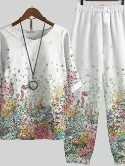 Women's Shirt Pants Sets Yellow Pink Blue Floral Print Half Sleeve Holiday Weekend Basic Round Neck Regular Fit Fall & Winter -LIGHTINTHEBOX Shop kqbhcd1679314555976