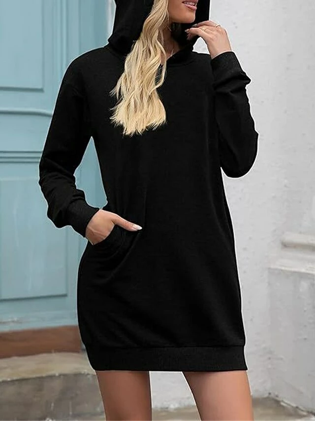 Women's Casual Dress Hoodie Dress Midi Dress Fashion Daily Outdoor Vacation Going Out Hoodie Pocket Solid Color Loose Fit Black White Red S M L XL XXL 4 Women's Casual Dress Hoodie Dress Midi Dress Fashion Daily Outdoor Vacation Going Out Hoodie Pocket Solid Color Loose Fit Black White Red S M L XL XXL - Image 2