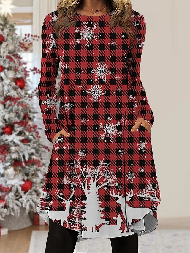Women's Christmas Work Dress Casual Dress Fashion Winter DressDaily Midi Dress Pocket Print Crew Neck Long Sleeve PlaidTree Regular Fit Wine Red Gold Fall Winter S M L XL XXL 5 Women's Christmas Work Dress Casual Dress Fashion Winter DressDaily Midi Dress Pocket Print Crew Neck Long Sleeve PlaidTree Regular Fit Wine Red Gold Fall Winter S M L XL XXL - Image 3