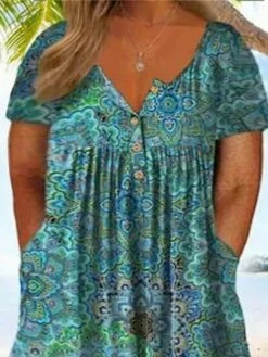 Women‘s Plus Size Curve Casual Dress A Line Dress Floral Midi Dress Short Sleeve Ruched Button V Neck Fashion Daily Green Light Blue Summer Spring L XL XXL 3XL -LIGHTINTHEBOX Shop krdvvt1680162411492