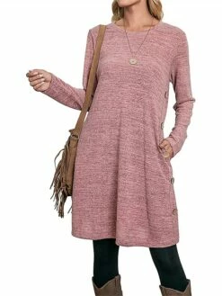 Women's Work Dress Casual Dress A Line Dress Fashion Daily Mini Dress Button Pocket Crew Neck Long Sleeve Plain Loose Fit Black Pink Gray Fall Winter S M L XL XXL