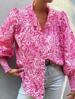 Women's Shirt Lantern Sleeve Fuchsia Floral Print Long Sleeve Party Casual Holiday Casual Beach Shirt Collar Form Fit Floral Lantern Sleeve Puff Sleeve
