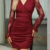 Women's Party Dress Homecoming Dress Cocktail Dress Mini Dress Black Red Blue Long Sleeve Pure Color Lace Fall Winter Autumn V Neck Fashion Winter Dress Wedding Guest Vacation 2023 S M L XL XXL