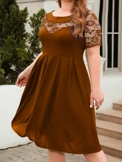 Women's Plus Size Curve Party Dress Lace Dress Semi Formal Dress Solid Color Midi Dress Short Sleeve Lace Crew Neck Fashion Party ArmyGreen Black Fall Winter XL XXL 3XL 4XL -LIGHTINTHEBOX Shop kskkba1695813614898