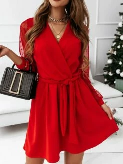 Women's Work Dress Mini Dress Black Red Dark Green Long Sleeve Pure Color Mesh Summer Spring V Neck Fashion Office Slim 2023 XS S M L XL XXL 3XL