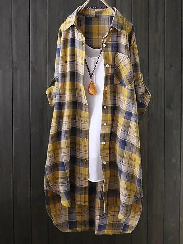 Women's Shirt Blouse Cotton Yellow Pink Khaki Plaid Button Print Long Sleeve Daily Going Out Weekend Streetwear Casual Shirt Collar Regular Fit Spring Fall Winter 4 Women's Shirt Blouse Cotton Yellow Pink Khaki Plaid Button Print Long Sleeve Daily Going Out Weekend Streetwear Casual Shirt Collar Regular Fit Spring Fall Winter - Image 2