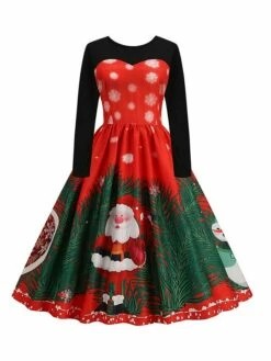 Women‘s Christmas Retro Elegant Vintage Dress Midi Dress Party Ruched Patchwork Santa Claus Crew Neck Long Sleeve Regular Fit Fall Winter 2023 Black Red S M L XL -LIGHTINTHEBOX Shop ktgmbq1694426161408