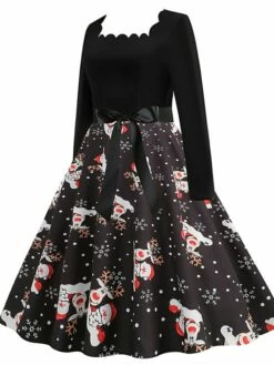 Women's Christmas Vintage Dress Midi Dress Black And White Green Black Long Sleeve Santa Claus Bow Winter Fall Autumn Square Neck Stylish Christmas Vacation 2022 S M L XL XXL 3XL -LIGHTINTHEBOX Shop kthqpi1667637298304